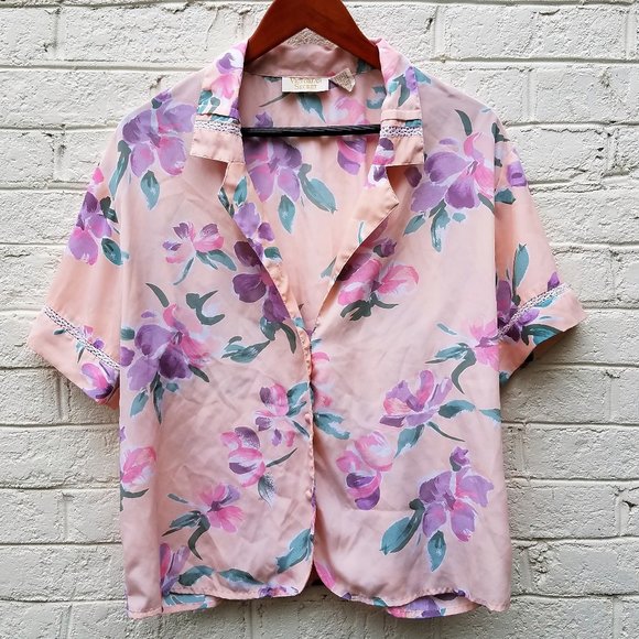Victoria's Secret Other - Victoria's Secret GOLD LABEL Vintage peachy pink satin PJ top + crochet accents